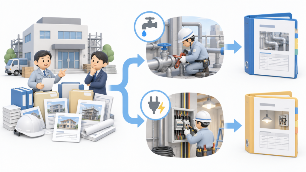 建設会社の工事資料を、管工事と電気工事に分けて、それぞれ別の工事経歴書として作成する流れを示した図解