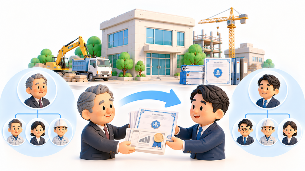 建設会社の株式譲渡で、会社そのものは存続したまま、旧経営者から新しい経営者へ株式と経営が引き継がれる様子