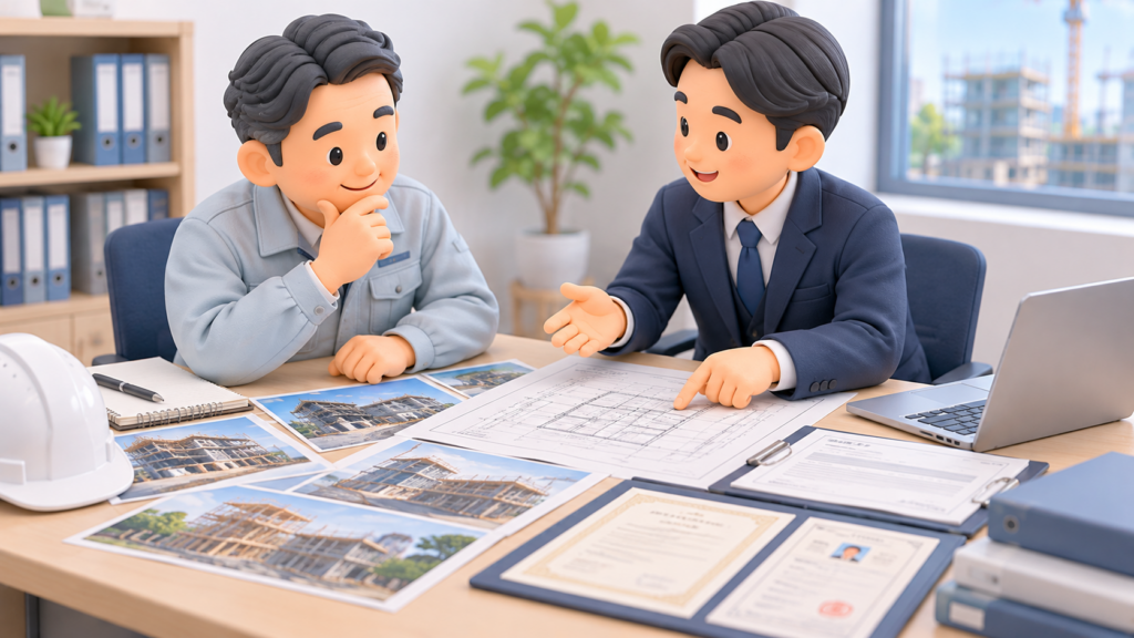建設業許可の業種選びや資格要件について、作業服姿の建設会社経営者が行政書士に相談している様子。工事写真や施工図面、資格証明書を確認しながら説明を受けている。