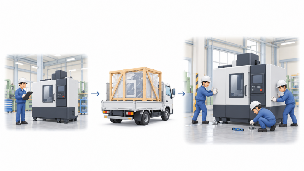 機械メーカーが製造した工作機械をトラックで納入し、納入先の工場で据付・固定・水平調整を行うまでの流れ