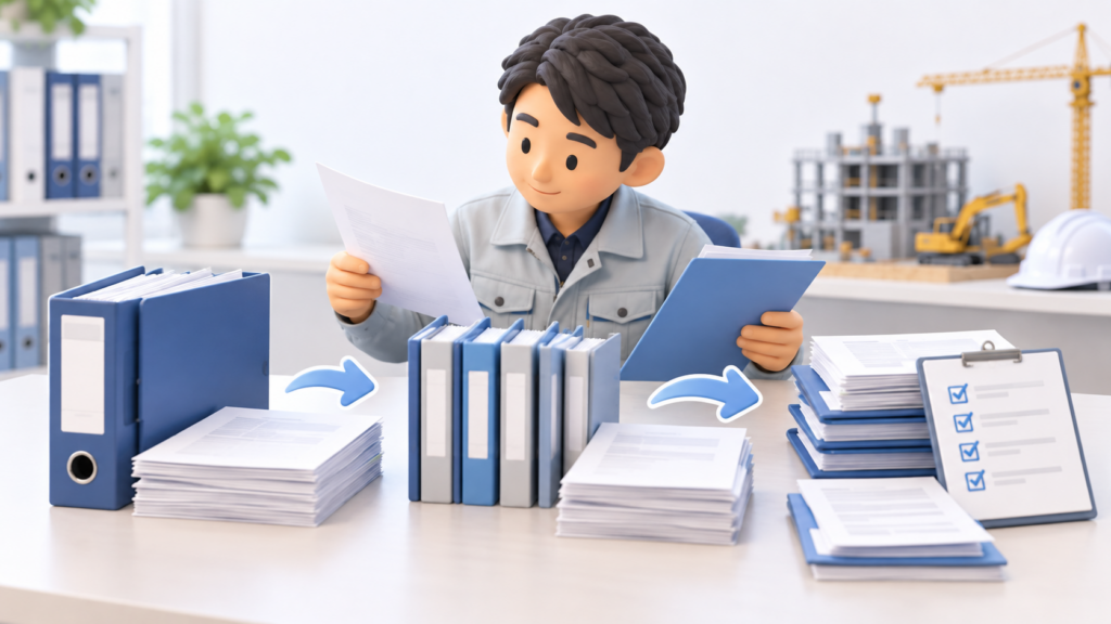 建設業許可の更新申請に向けて、前回の申請書類と変更届の控えを確認し、今回必要な書類を整理する建設会社の担当者