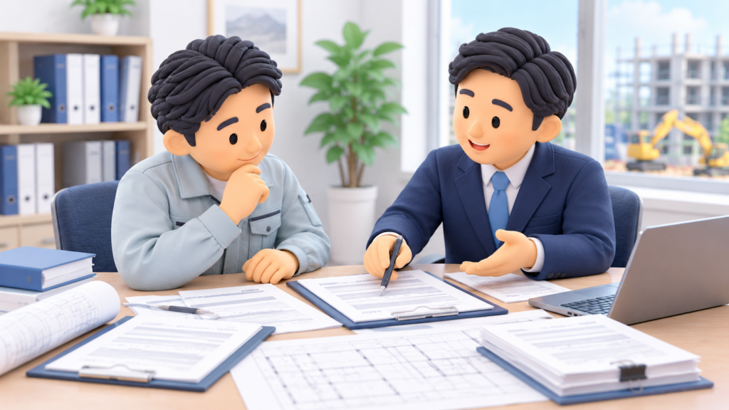 建設会社の経営者が特定行政書士に工事請負契約書や注文書について相談し、書面の確認ポイントの説明を受けている様子