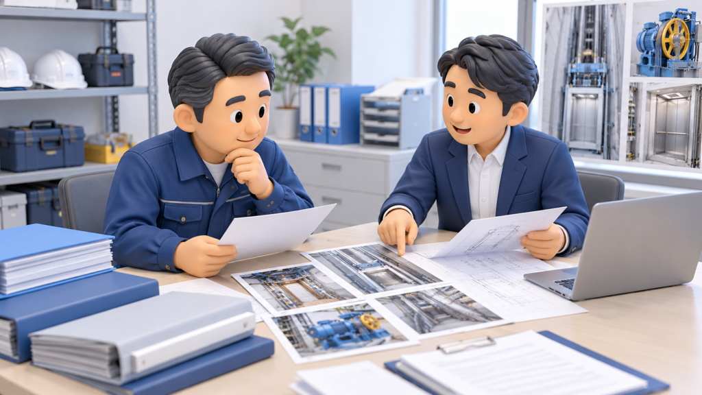 エレベーター据付会社の経営者が行政書士と過去の据付工事写真や施工図面を確認している様子