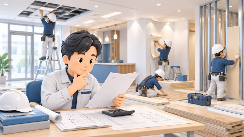 店舗の内装仕上工事現場を背景に、壁・床・天井・間仕切り工事を含む1件の工事全体の請負金額を、見積書と図面で確認する内装工事会社の経営者