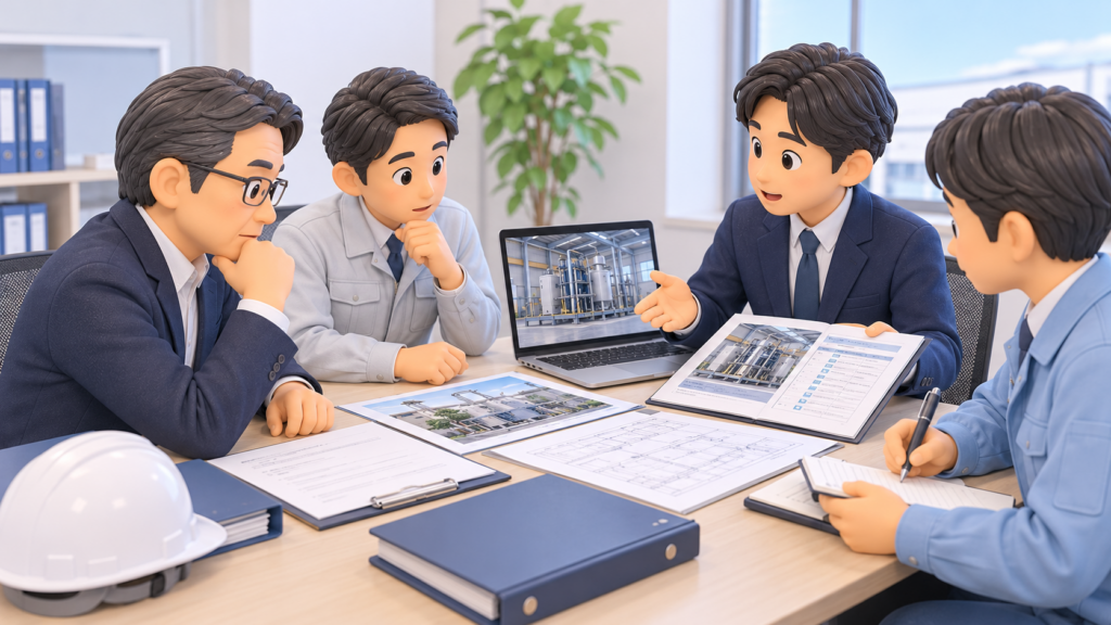 設備工事の契約前に、発注企業と設備メーカーの担当者が施工計画書や工事資料を確認しながら打合せする様子