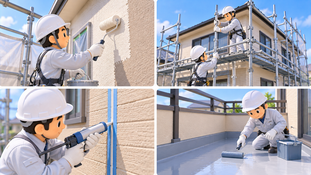 住宅の外壁改修に関係する4種類の工事を比較した3Dイラスト。左上はローラーによる外壁塗装、右上は足場の組立て、左下は外壁目地へのシーリング材の充填、右下はベランダ床への防水材の塗布を描いている