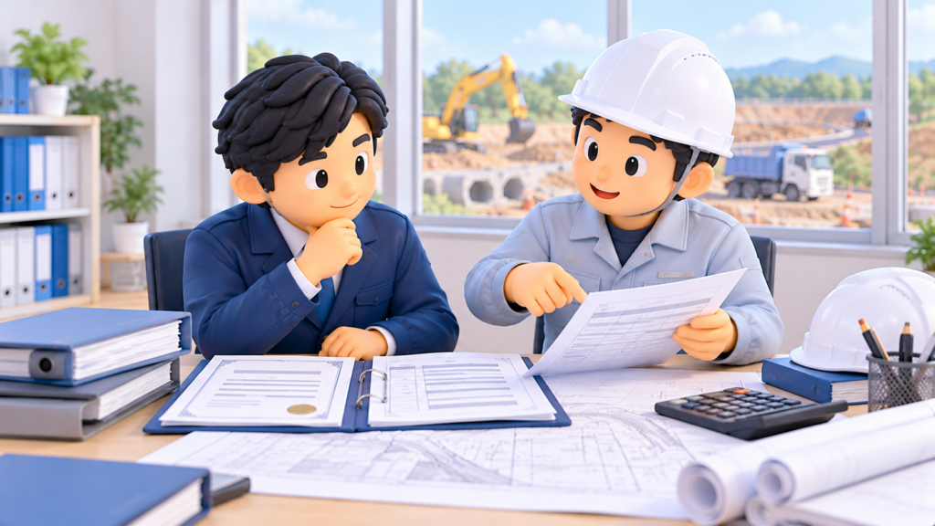 土木一式工事業の営業所技術者等の要件について、建設会社の経営者と土木技術者が資格証明書や工事経歴書、土木工事の設計図を確認している3Dイラスト