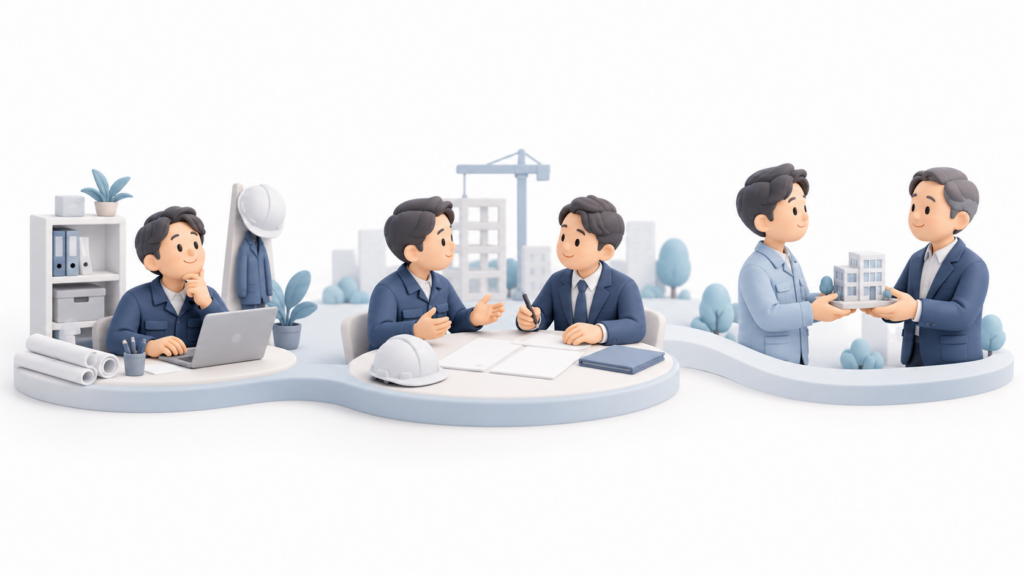 建設業の事業を始め、営み、次の世代へつないでいく流れを表したイラスト