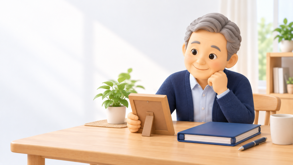 自宅で家族写真を眺めながら、将来の家族のための準備を考える60代の男性