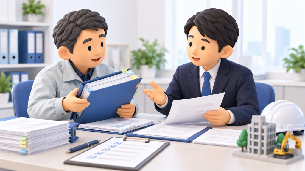建設業許可の更新申請について、前回の申請書類を持参し、別の行政書士に相談する建設会社の経営者