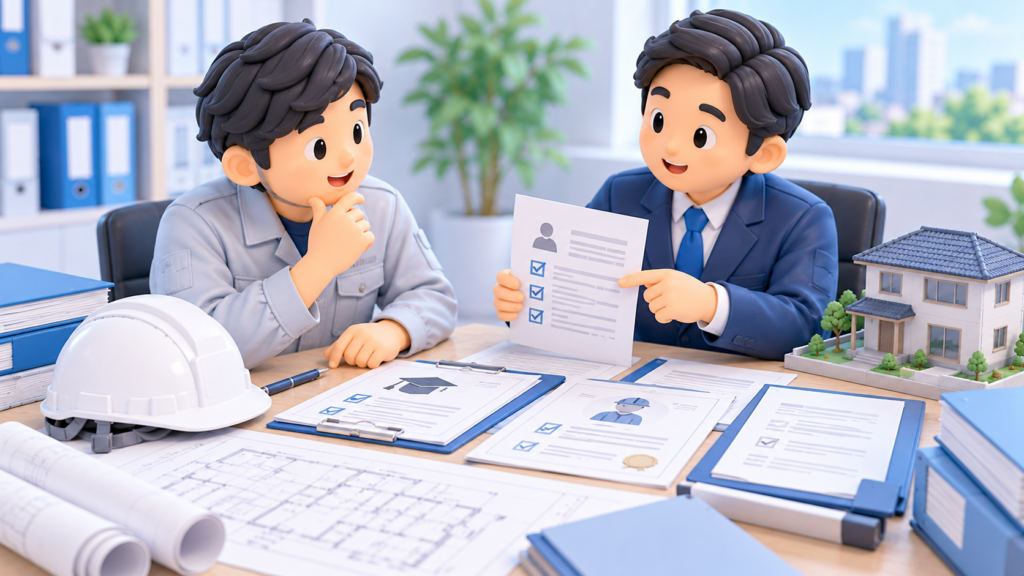 建築一式工事業の営業所技術者等の要件について、建設会社の経営者と担当者が資格証明書・卒業証明書・実務経験に関する書類を確認する3Dイラスト