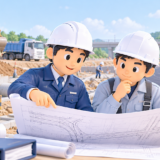 道路の新設工事現場で、建設会社の経営者と現場監督が設計図を確認するイラスト。背景には油圧ショベルやダンプトラック、掘削・排水設備・舗装工事の様子が描かれている