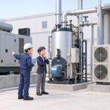 事業所に設置された非常用発電機、蒸気ボイラー、業務用ヒートポンプ給湯機を設備技術者が確認している3Dイラスト