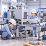 工場内で日本人作業員2人が生産ラインとコンベヤーの据付け工事を行う3Dイラスト。機械の架台を床に固定する作業と、設計図を確認する様子が描かれている