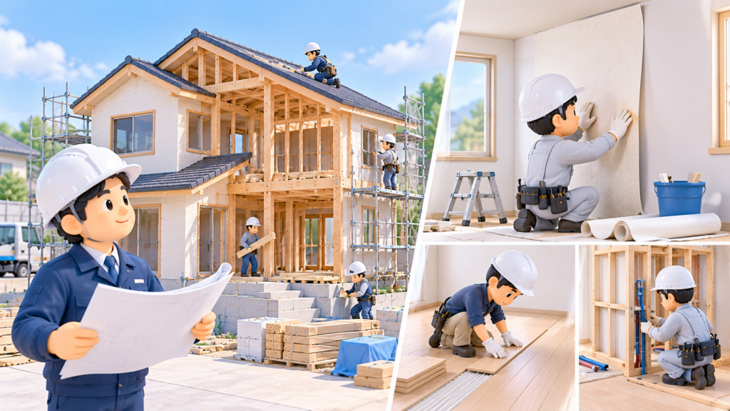 建築一式工事と専門工事の違いを示す比較イラスト。左側は木造住宅の新築工事全体を管理する現場管理者、右側は壁紙張り・床仕上げ・設備工事などを行う専門工事の職人