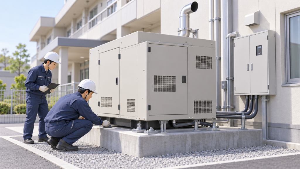 介護施設の屋外に設置された非常用ディーゼル発電機の固定状態と電源接続部を確認する設備技術者