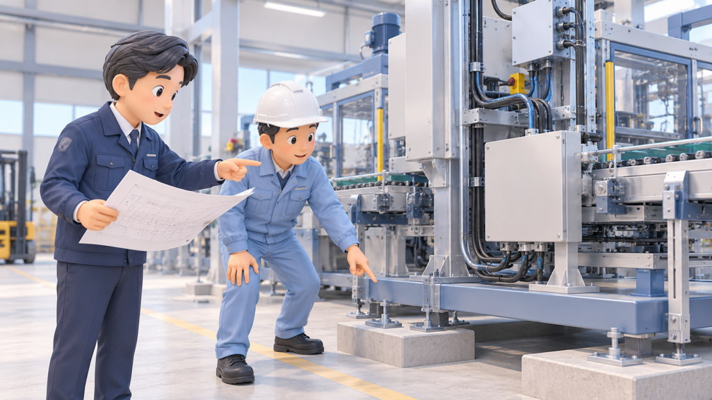 工場内で大型産業機械の据付位置や基礎への固定状況を確認する設備メーカーの担当者と施工技術者