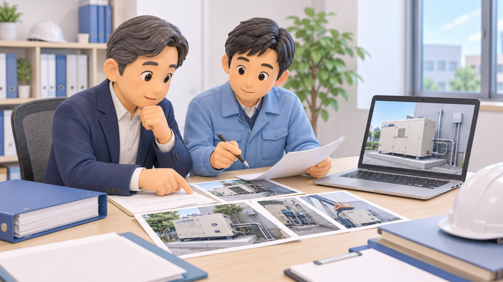 設備販売施工会社の経営者と技術者が、非常用発電機の設置工事写真や施工資料を確認している様子