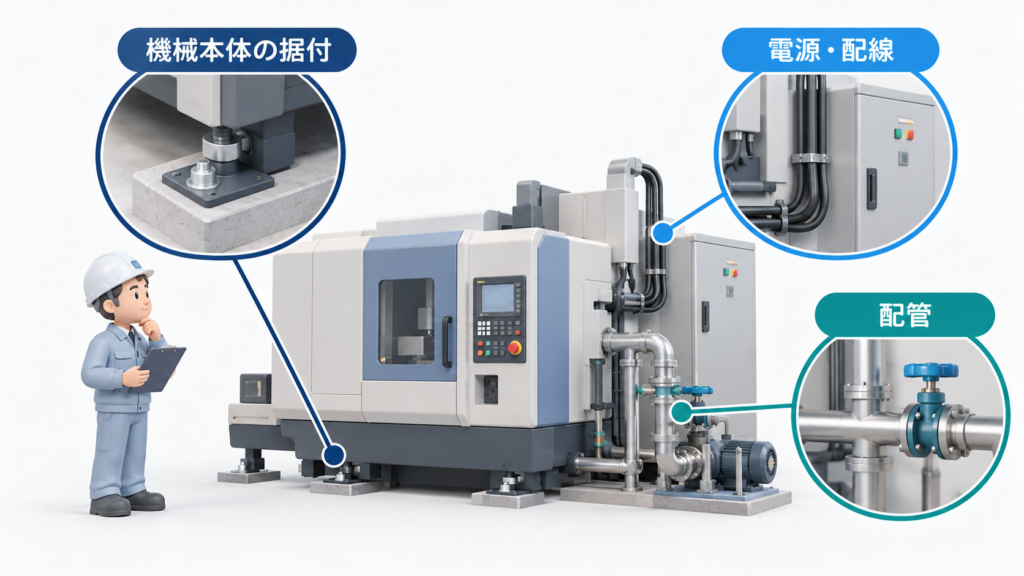 工場設備の据付工事における機械本体の床への固定、電源・配線、配管の施工部分を3つの拡大図で示したイラスト