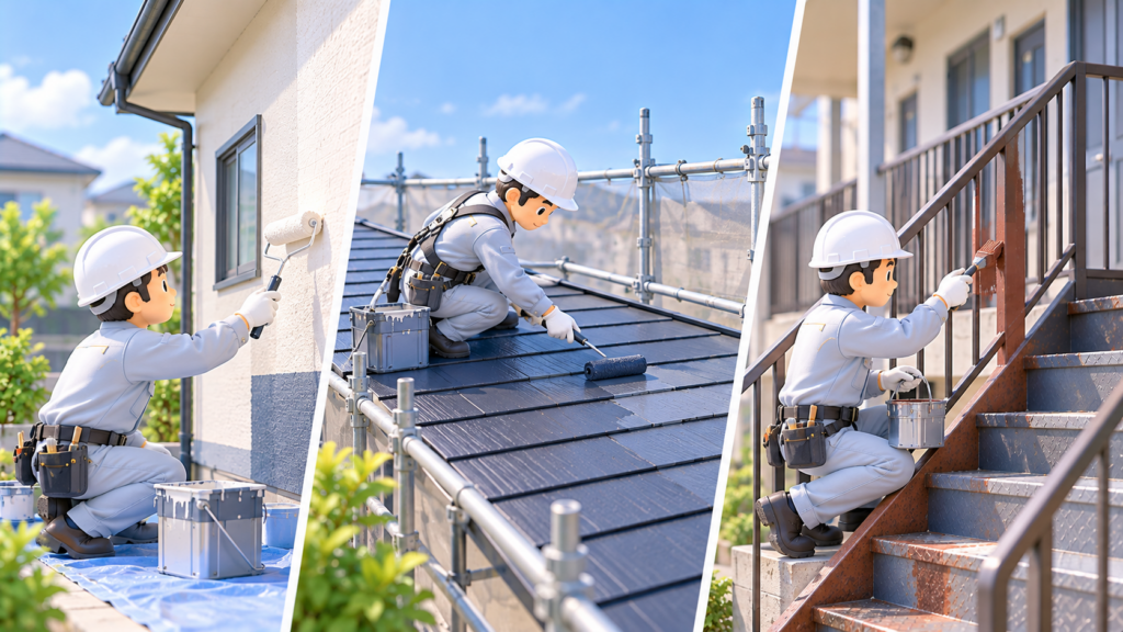 塗装工事業の代表的な施工例を3つに分けた3Dイラスト。左から戸建住宅の外壁をローラーで塗装する職人、足場を設けた屋根で塗装する職人、アパートの鉄製階段や手すりにさび止め塗装を行う職人を描いている