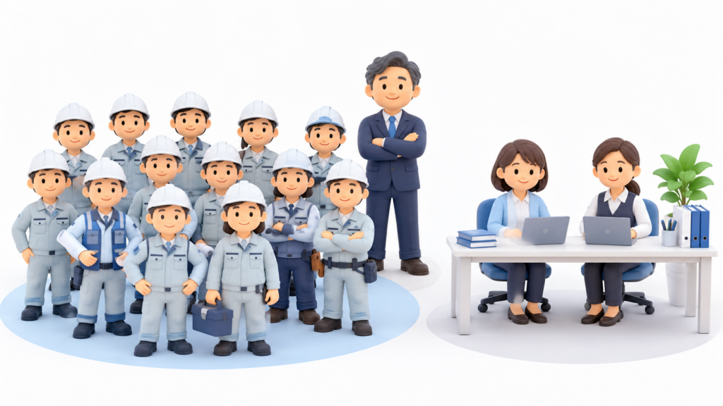 小規模建設会社の人員構成を示すイラスト。現場スタッフ、事務担当者2人、経営者1人を配置し、IT専任担当者がいない組織を表現