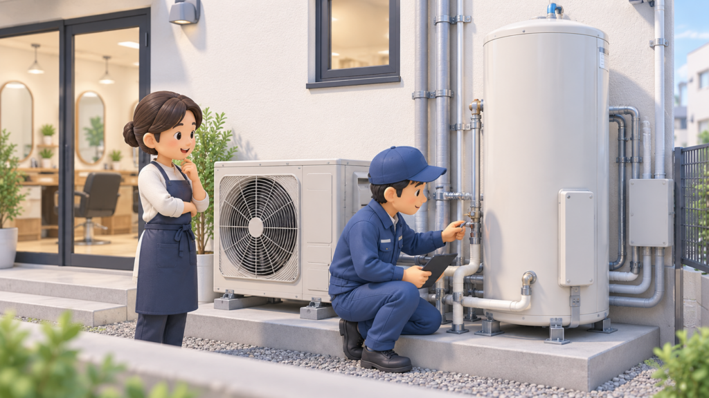 美容室の屋外に設置された業務用ヒートポンプ給湯機の室外機と貯湯タンクの配管接続部を確認する設備技術者