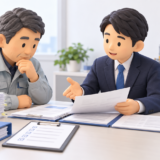 建設業許可の更新申請に必要な書類やチェックリストを確認する建設会社の経営者と行政書士