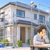 足場を組んだ2階建て住宅で、塗装職人が外壁をローラーで塗装し、屋根の作業も進めている3Dイラスト。手前では塗装会社の経営者と行政書士が建設業許可に関する書類を確認している