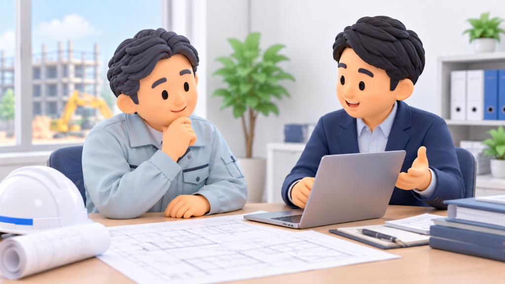 小規模建設会社の経営者が、外部のIT専門家に情報セキュリティやIT管理について相談し、説明を受けている様子
