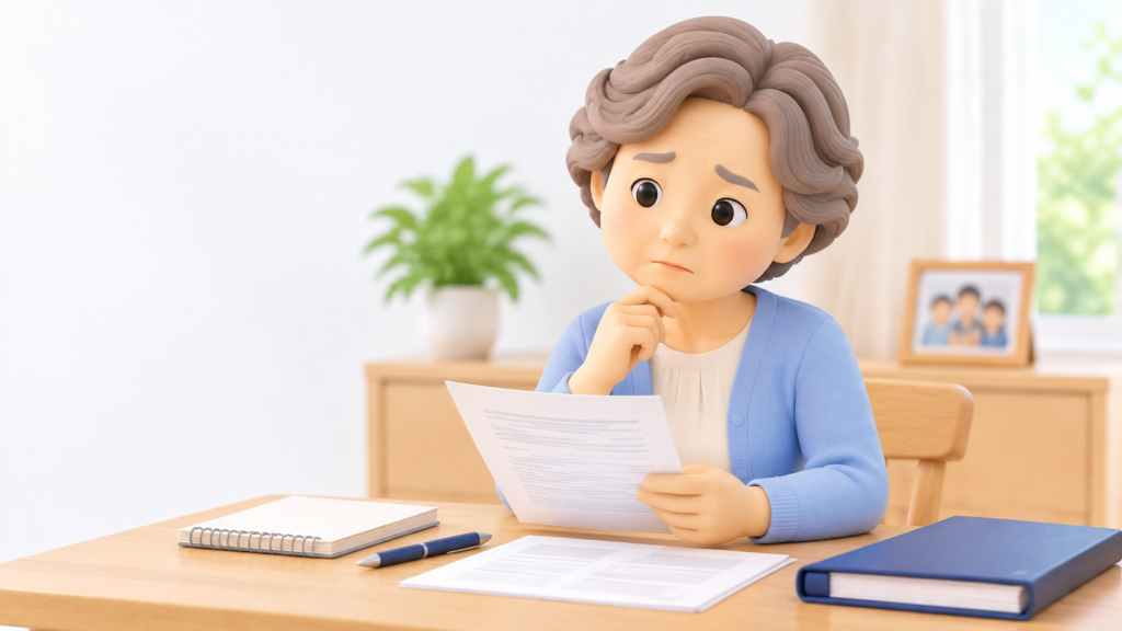 遺言の準備に必要な書類を確認しながら、分からないことについて考える60代の女性