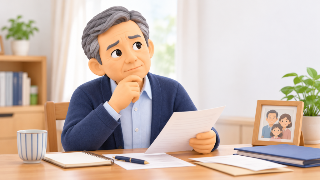 自宅で家族写真をそばに置き、遺言書に希望をどう書けばよいか考える60代男性のイラスト