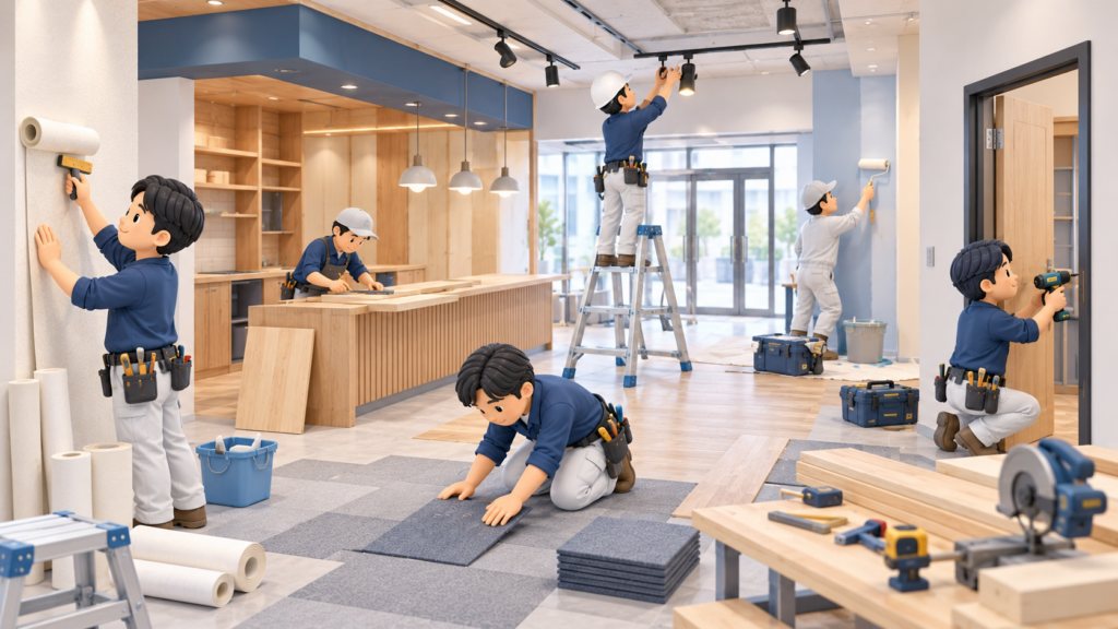 店舗内装工事の現場で、壁紙・床材の施工、木製カウンターの造作、室内ドアの取付け、壁の塗装、照明設備の施工を行う職人たちのイラスト