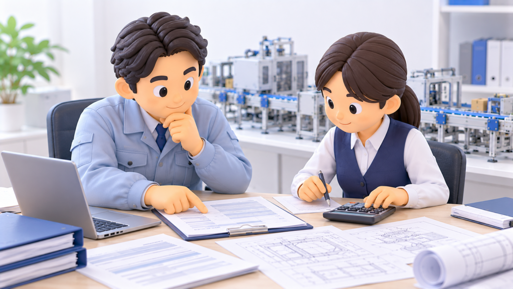 機械設備工事会社の経営者と事務担当者が、見積書と電卓を使って機械器具設置工事の請負金額を確認する3Dイラスト。背景にはコンベヤーと製造機械の模型が並ぶ