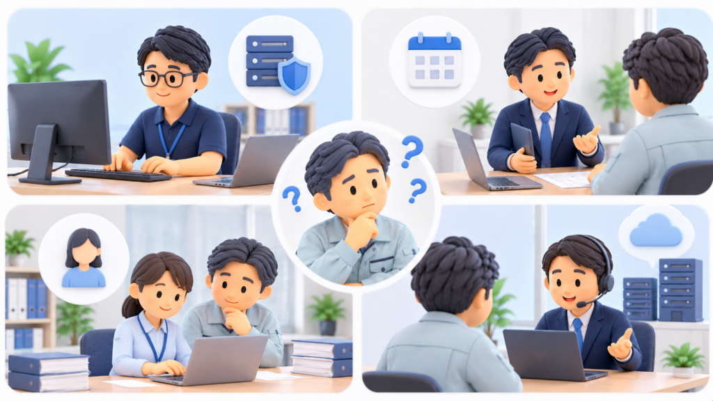 建設会社の経営者がITセキュリティ人材の確保方法として、正社員採用、副業人材、人材派遣、外部委託の4つを比較検討するイラスト