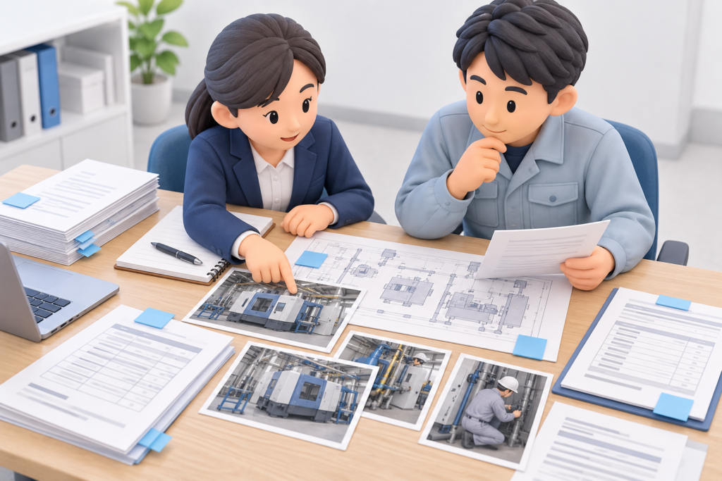 設備メーカーの事務担当者と技術担当者が、工場設備の据付工事の実績を確認するため、施工写真・配置図・取引書類を照合している様子