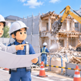 住宅の解体工事現場で、図面を確認しながら作業内容を打ち合わせる解体工事会社の経営者と現場担当者。背景には油圧ショベルで解体中の建物