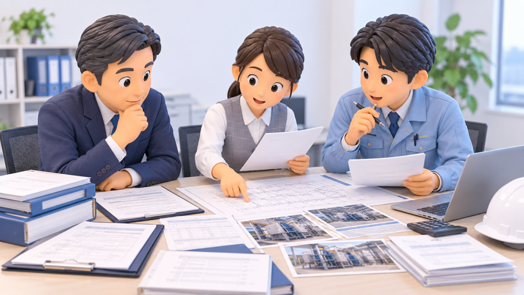 中小企業の経営者、事務担当者、技術担当者が建設業許可申請に向けて工事図面や施工写真、契約書類を確認している様子