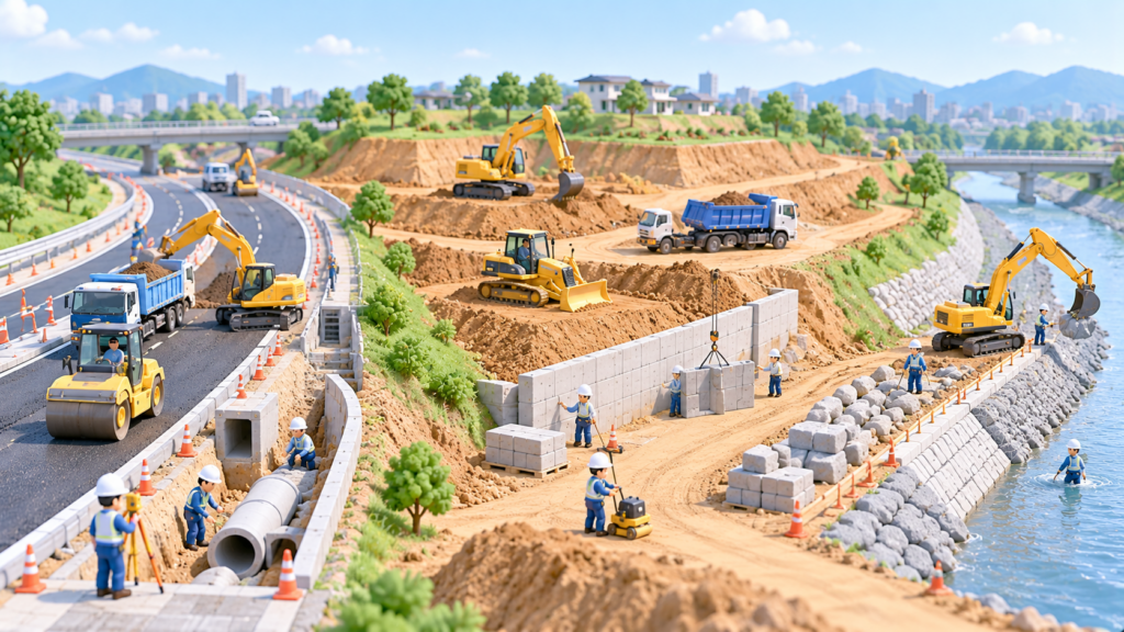 土木一式工事業に関連する道路新設工事・土地造成工事・河川護岸工事を描いた3Dイラスト。重機や作業員が道路整備、切土・盛土、擁壁施工、護岸整備を行っている