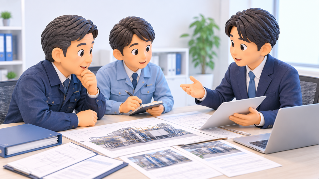 設備メーカーの経営者と技術担当者が、工場設備の図面や施工資料を見ながら行政書士に建設業許可について相談している様子