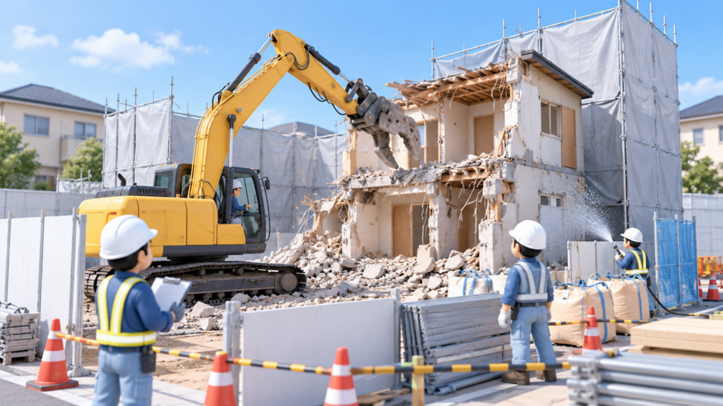 日本の住宅街で、養生シートと仮囲いを設置し、油圧ショベルで低層建物を解体する工事現場。ヘルメットを着用した作業員が安全管理や散水を行うイラスト