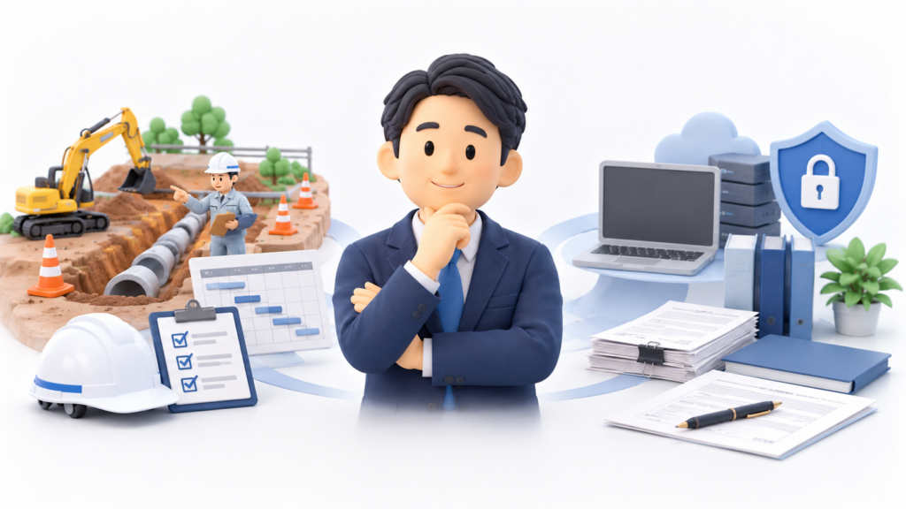 通信管路の埋設工事現場とITセキュリティを背景に、建設現場とITの両方の実務経験を持つ特定行政書士を表現したイラスト