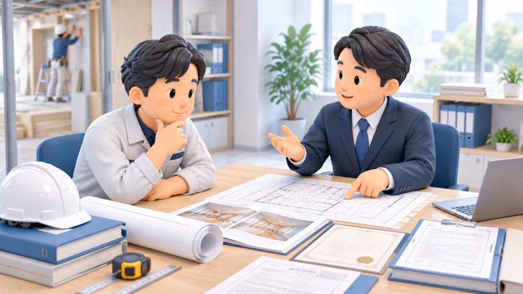 内装工事会社の経営者が、施工図面や資格証、申請書類を確認しながら、建設業許可の業種や営業所技術者等の要件について特定行政書士に相談するイラスト