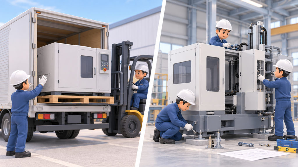 産業機械をトラックで納品する販売のみの場合と、工場内で機械の組立て・固定を行う据付工事を比較した3Dイラスト
