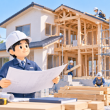 木造2階建て住宅の新築工事現場で、建築図面を確認する建設会社の現場管理者。大工工事や屋根工事など複数の専門工事を総合的に管理する様子を描いたイラスト