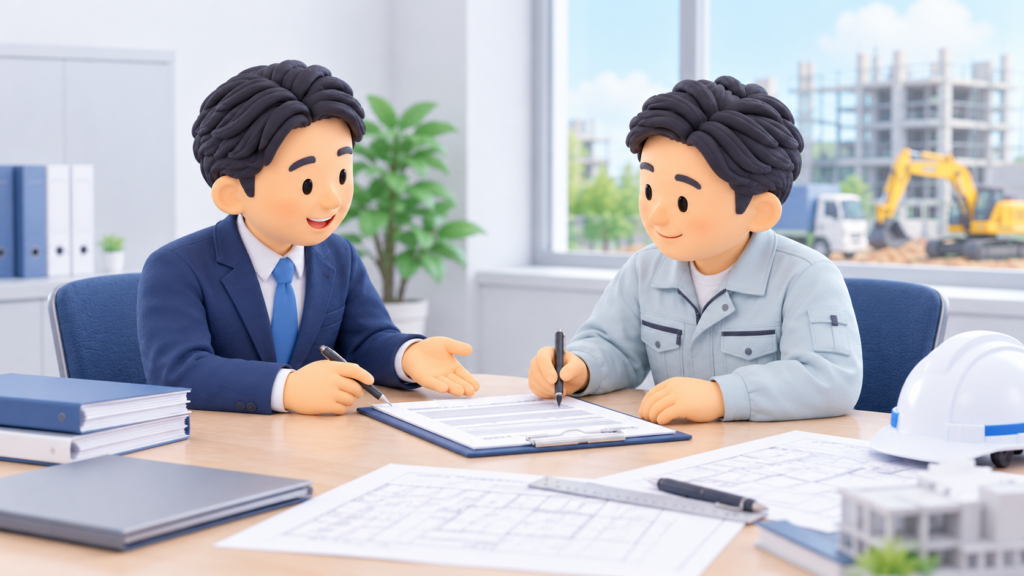 元請業者の担当者と下請業者の経営者が、工事請負契約書や図面を確認しながら契約内容について話し合っている様子