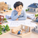 建設業許可の専門工事業種を表したイラスト。大工工事、屋根工事、鉄骨工事、舗装工事、造園工事などの建設現場模型に囲まれ、経営者が図面を見ながら必要な工事業種を検討している。