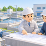 浄水場の建設現場で、設計図を確認する建設会社の経営者と現場担当者。背景には円形の処理槽や大型配管などの水道施設が広がる。