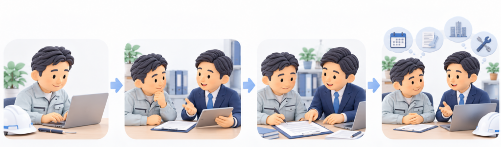 建設業実務サポート顧問の利用開始までの流れ。お問い合わせ、サービス説明、契約内容の確認、継続的な相談の4ステップを示すイラスト