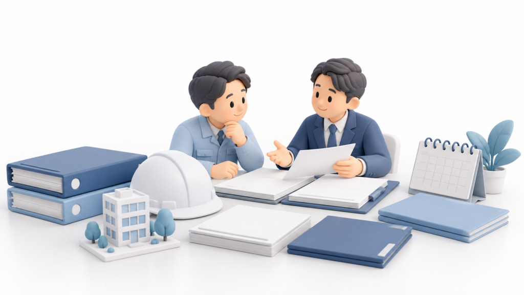 建設業許可の取得後に必要な手続や書類を確認する建設業者と行政書士のイラスト