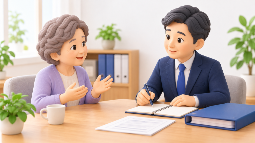 公正証書遺言の作成について、行政書士に相談する60代の女性。行政書士が話を聞きながらメモを取っている様子